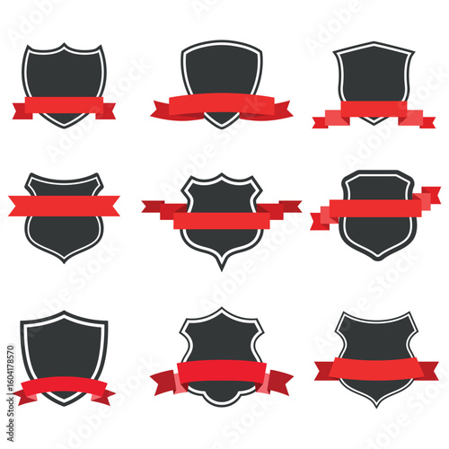 illustration of set of shields with red ribbons on white background.