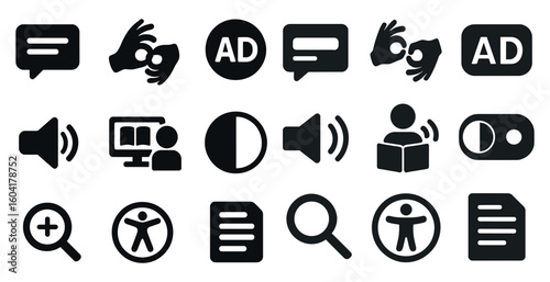 Accessibility solid icons set – filled, inclusive, universal symbols