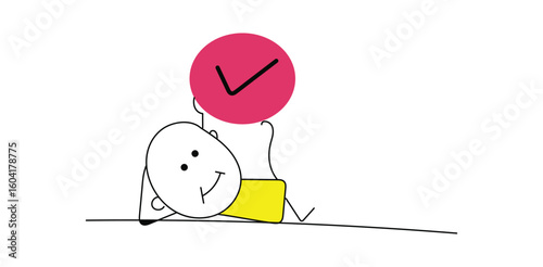 Stick figure holding pink balloon with checkmark showing success achievement goal completion and positivity in cartoon doodle sketch style
