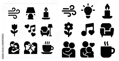Home and lifestyle silhouette icons set – filled, solid, cozy and interior symbols