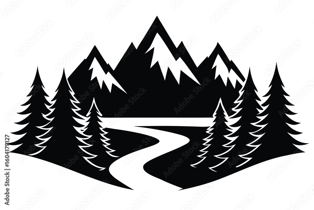 Obraz premium Black and White Mountain Landscape Illustration with Trees and River in a Diamond Shape