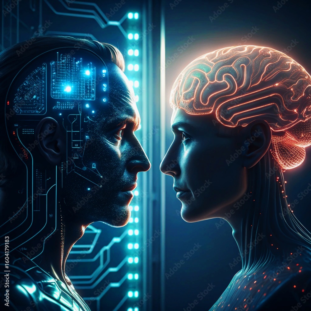 Obraz premium Futuristic Human vs AI Brain Concept in Cyber World