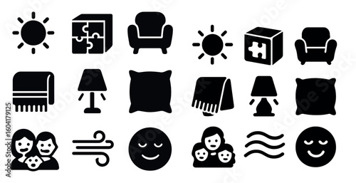 Home comfort solid icons set – silhouette, filled, cozy living symbols