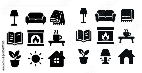 Home and living silhouette icons set – solid, filled, lifestyle and decor symbols