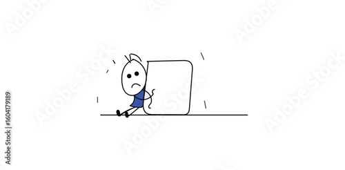 Stick figure pushing large square representing hard work challenge and perseverance in achieving goal in cartoon minimal hand drawn sketch
