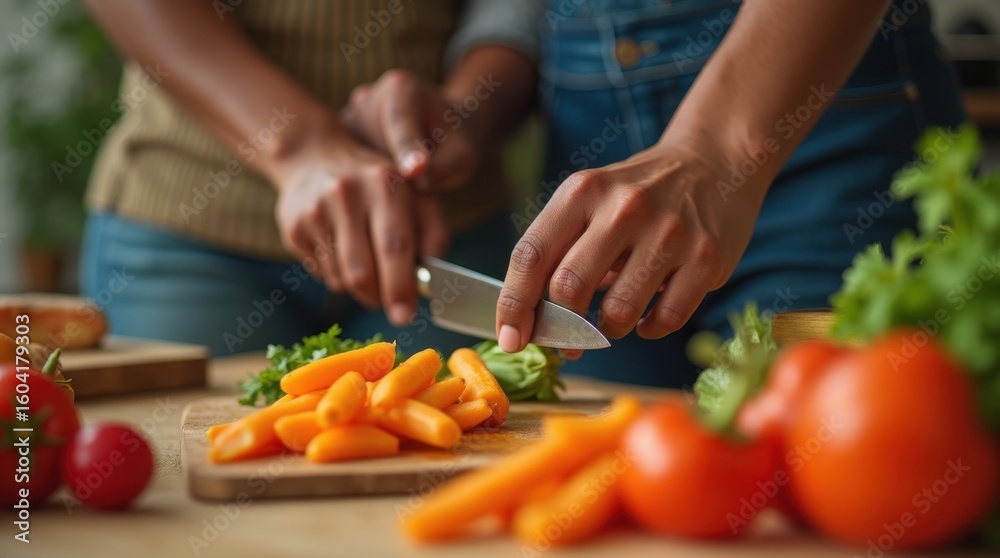 Close-up couple's hands cutting vibrant vegetables together, warm lighting highlights fresh produce, collaborative cooking teamwork Close-up couple's hands cutting vibrant vegetables together, warm lighting highlights fresh produce, collaborative cooking teamwork