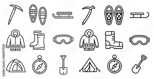 Winter sports outline icons set – skiing, camping, cold weather symbols
