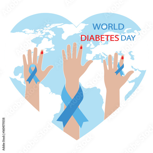 illustration World Diabetes Day. Blue ribbon and hands on white background.