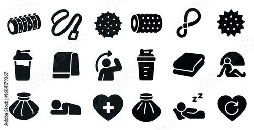 Fitness and exercise solid icons set – healthy, silhouette, gym symbols