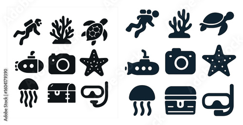 Marine life filled icons set — solid, silhouette, ocean and underwater symbols