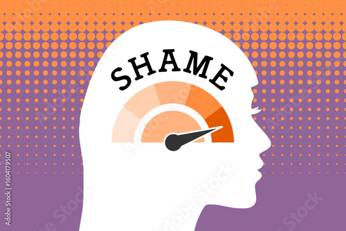 Shame level meter on a woman head profile view. Concept illustration. Negative emotion.