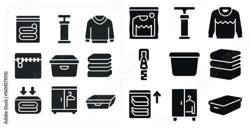 Laundry and storage solid icons set – filled, organizing, household symbols