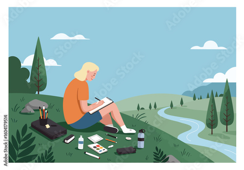 Woman sketching outdoors, surrounded by art supplies, on a grassy hill overlooking a river valley.