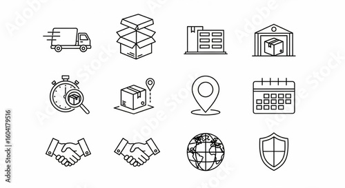 Shipping Fulfillment & Trust Line Icon Set – Delivery, Logistics, Packaging, Warehouse, Tracking, Pickup, Stopwatch, Calendar Vector


