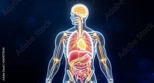 Human Body Glucose Metabolism Diagram Futuristic Neon Medical Visualization