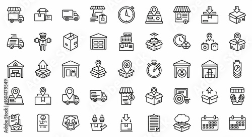 Shipping Fulfillment & Trust Line Icon Set – Delivery, Logistics, Packaging, Warehouse, Tracking, Pickup, Stopwatch, Calendar Vector

