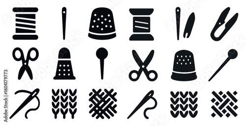 Sewing and craft silhouette icons set – solid, needlework, diy tools