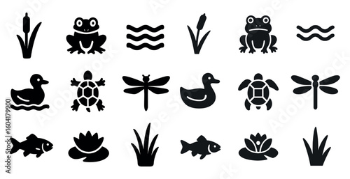 Nature and wildlife silhouette icons set – filled, solid, flora and fauna symbols