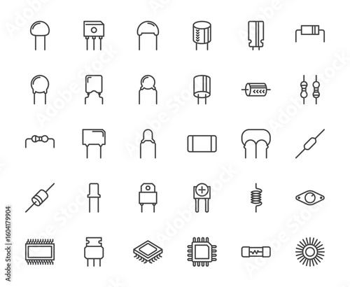 Simple outline set of circuit board equipment outline icon such capacitor, diode, transistor and inductor on white background, 48x48 pixel perfect editable stroke for website, mobile app, ux, ui