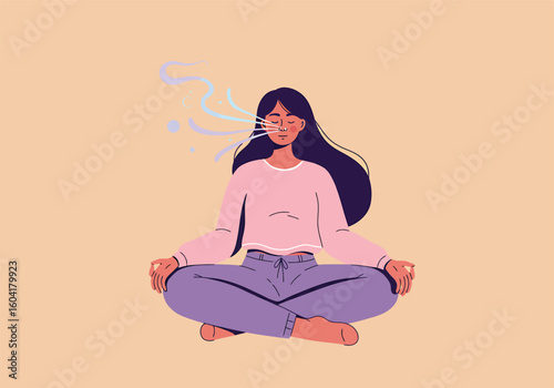Young woman in meditation pose, serene and focused, with subtle energy aura.