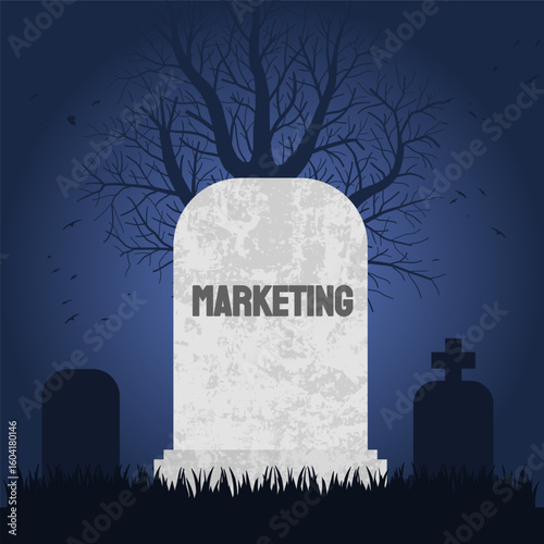 Marketing is dead. Grave concept symbolizing the end of traditional advertising and brand public relations.