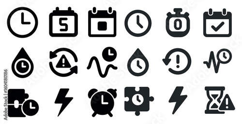 Time management icons set – solid, filled, deadline and scheduling symbols