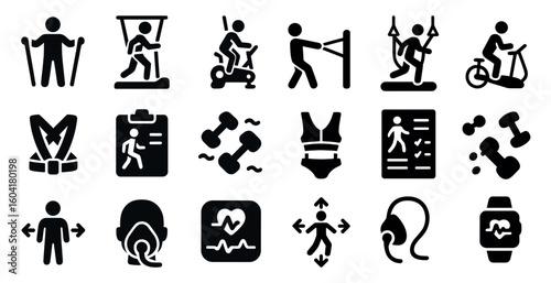 Sports and fitness silhouette icons set – filled, solid, exercise and workout graphics