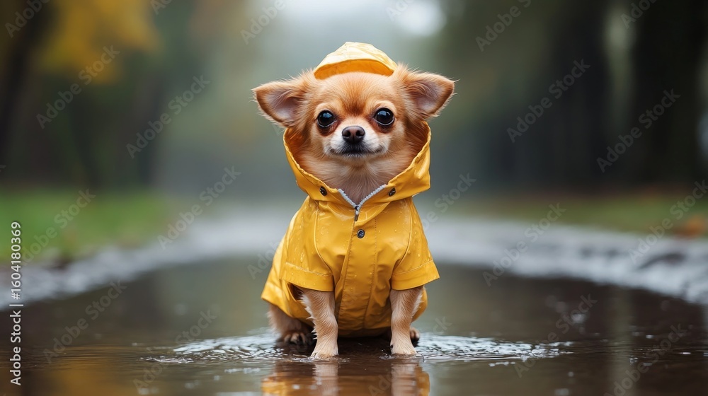 Small dog in yellow raincoat standing in a puddle. Suitable for advertising of pet clothes and thematic articles about pets.