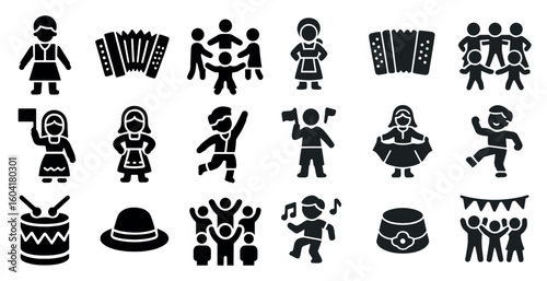 Folk dance silhouette icons set – traditional, cultural activity symbols