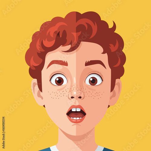 Surprised Boy with Red Hair and Freckles Against Yellow Background