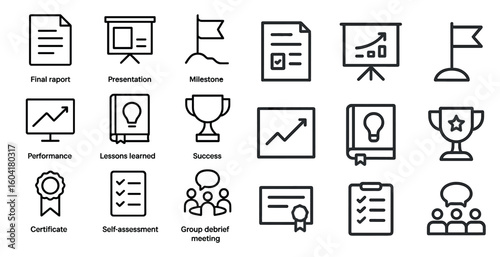 Business presentation outline icons set – linear, report, success symbols