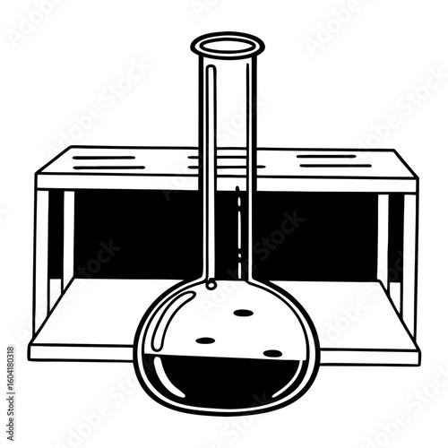 Laboratory flask with liquid on workbench in black and white  