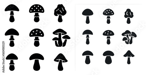 Mushroom silhouette icons set – solid, outline, fungi and botanical symbols