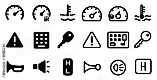 Automotive dashboard solid icons set – filled, vehicle, car control symbols