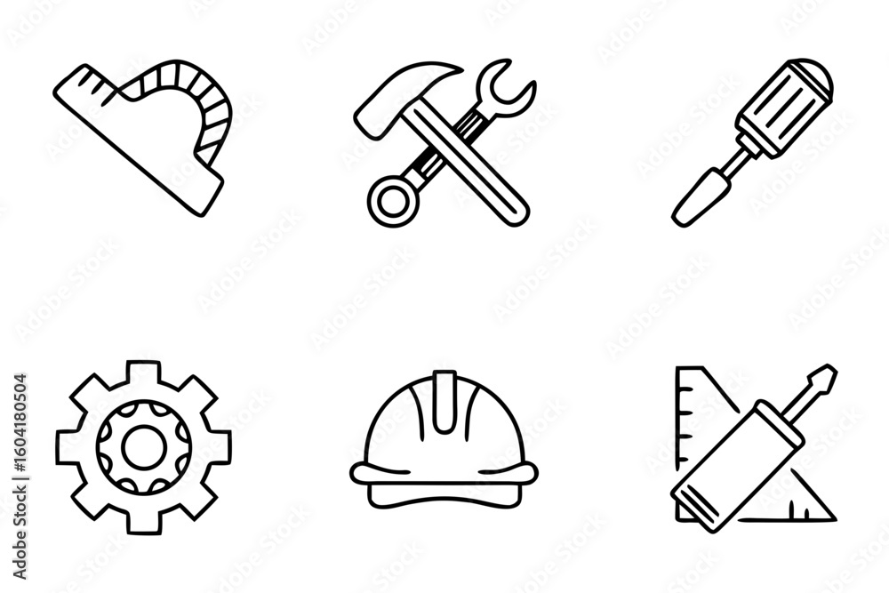 Fototapeta premium Construction tools and equipment icons in minimalist line style 