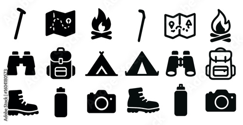 Camping and hiking solid icons set – adventure, outdoor, nature symbols