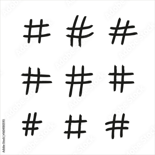 Hashtag icon set - hand painted hash signs. Hashtag character, useful design element for social media trending tags.