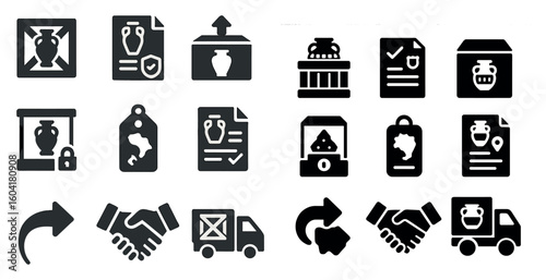 Artifact and museum solid icons set – ancient, historical, preservation symbols