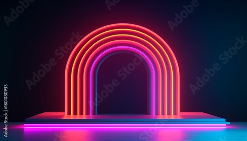 3d style, retrowave neon tube abstract pink blue orange neon background with glowing arch. Performance stage, showcase. Podium for product presentation
