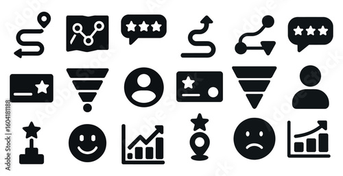 Business and analytics solid icons set – filled, marketing, data visualization symbols