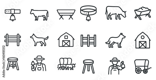 Farm and agriculture outline icons set – linear, barn, livestock and rural symbols