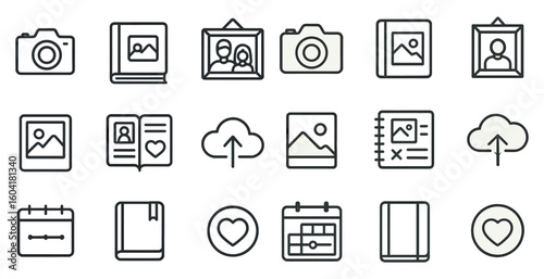 Photography and memories line icons set – outline, photo, camera and album symbols
