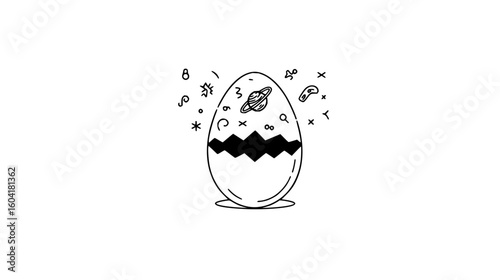 Illustration of a sun with a face over a mountain range in black and white detailed line drawing style