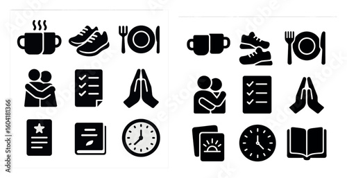 Health and wellness solid icons set – flat, fitness, daily routine symbols