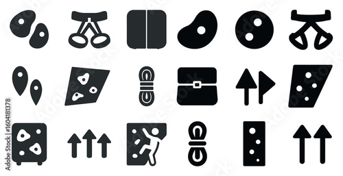 Rock climbing and bouldering icons set – solid, filled, adventure and outdoor symbols