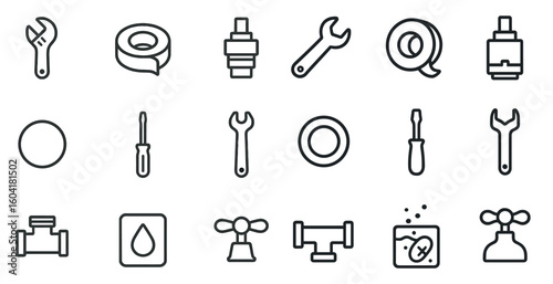 Plumbing line icons set – outline, tools, repair and maintenance symbols