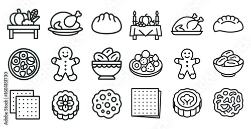 Festive and holiday outline icons set – linear, celebration, seasonal symbols