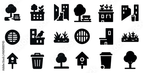 Urban park and nature solid icons set – filled, silhouette, landscape symbols