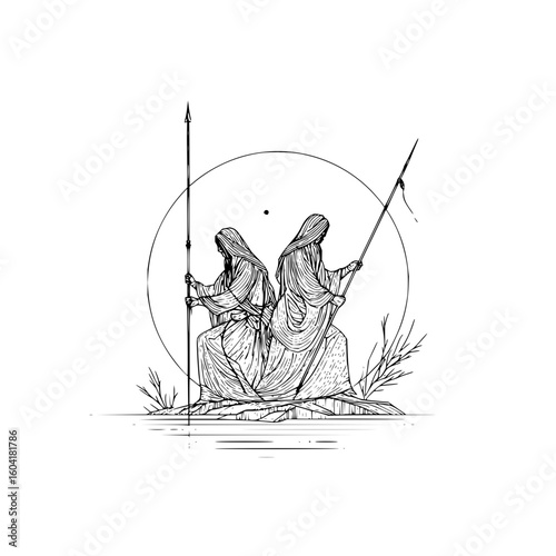 Two pairs of figures stand in the center of a white background, each pair slightly different in design