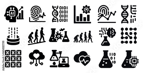 Scientific evolution solid icons set – technology, biometric, genetic symbols